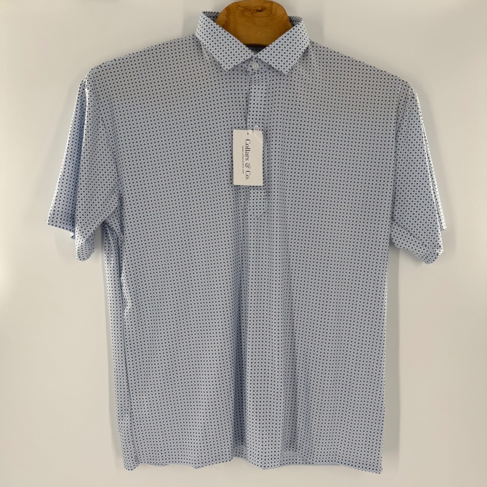 Collars & Co Featherweight Dress Collar Polo Shirt Blue Geometric Mens 2XL New